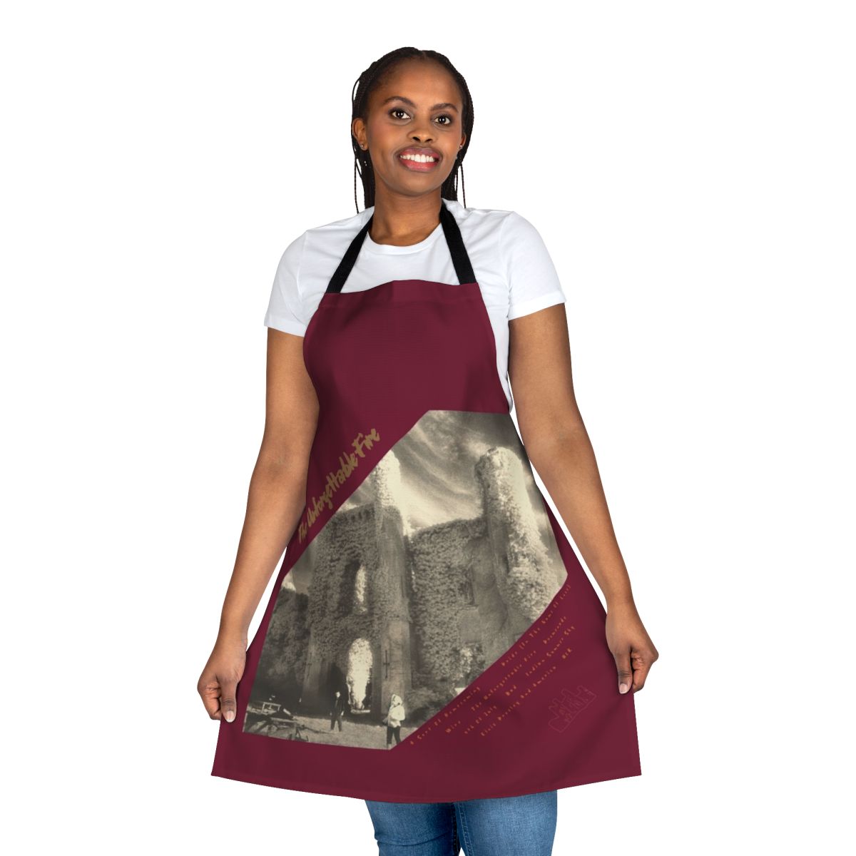 "U2 inspired cooking apron featuring a fiery design reminiscent of the band's performance at Slane Castle"