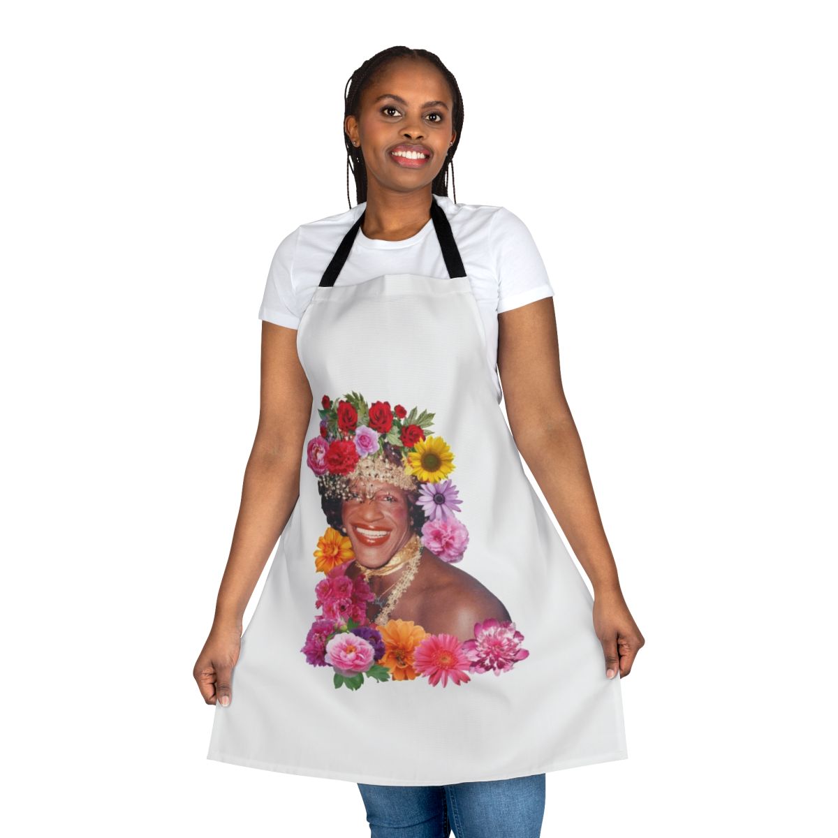 Colorful floral apron featuring the image of Marsha P. Johnson, a prominent African American transgender activist and key figure in the Stonewall riots.