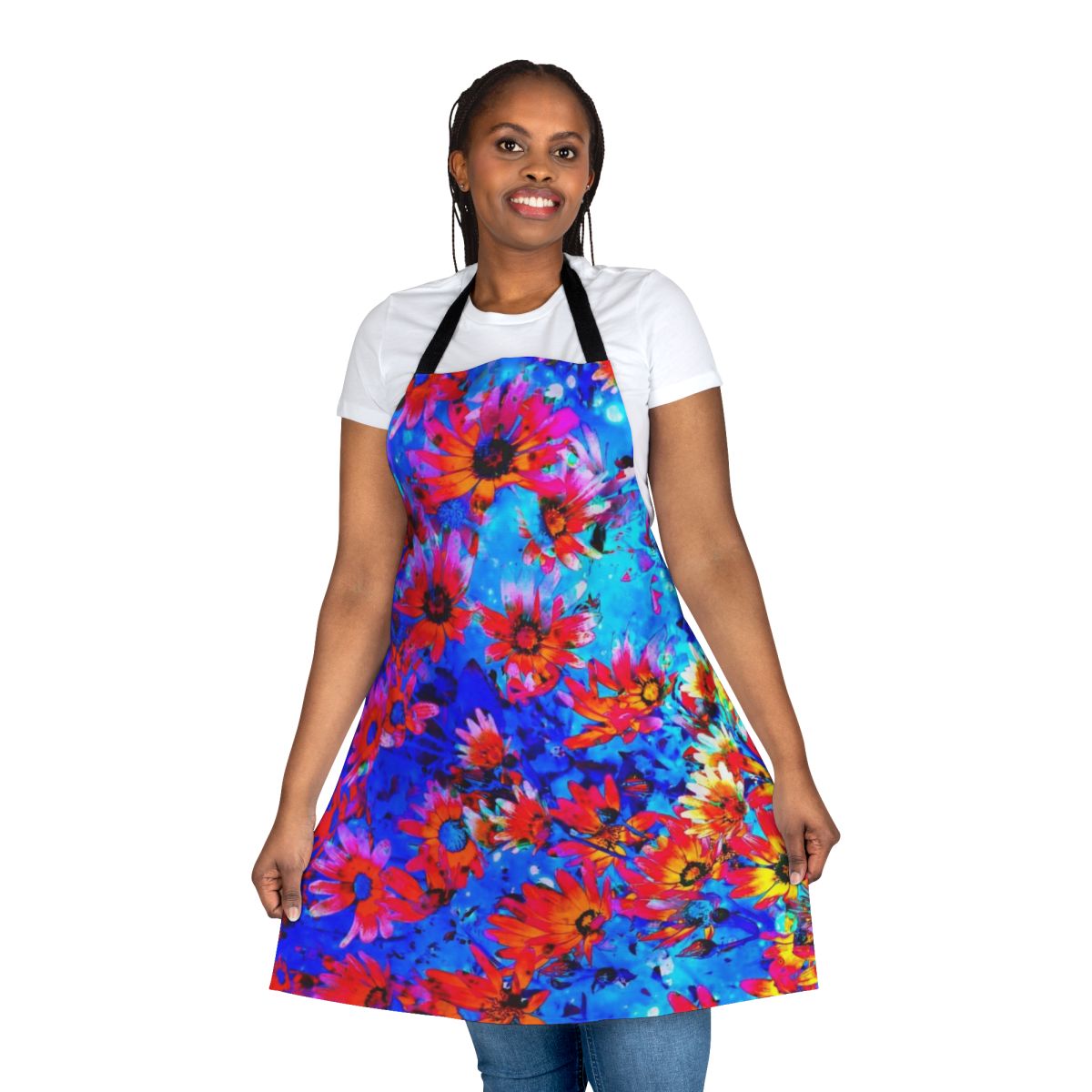 Colorful floral apron with the text "Flowers Awaken the Soul"