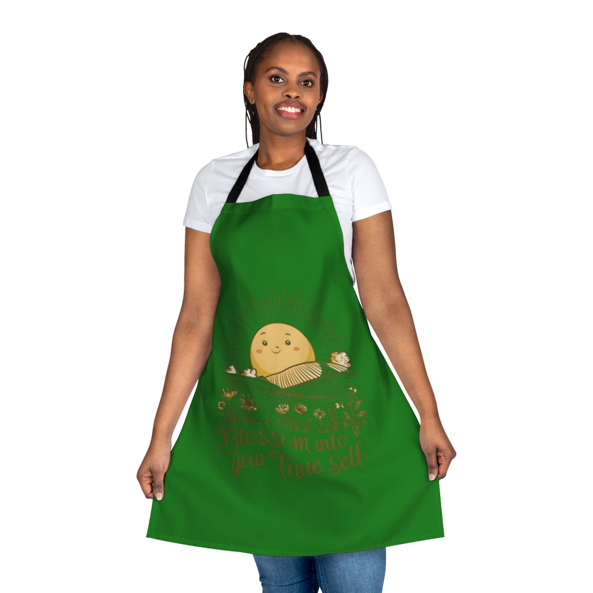 A vibrant floral apron with a botanical design, featuring wildflowers and greenery against a backdrop of the sun and clouds.