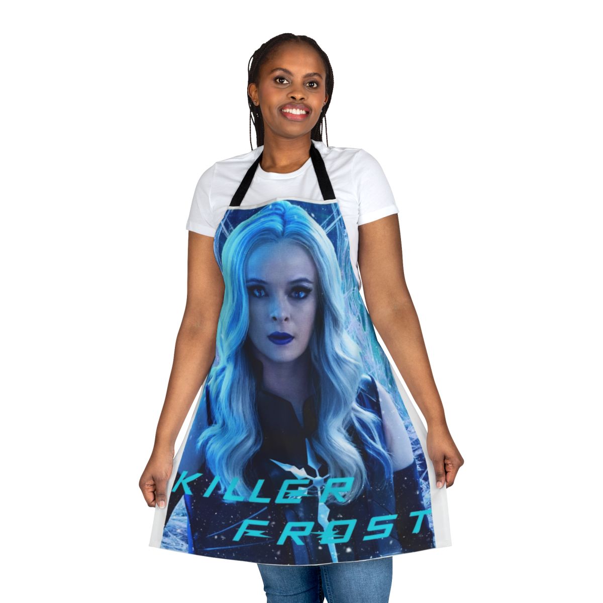 A frost-themed apron with a cool, icy design, perfect for superhero or villain fans in the kitchen.