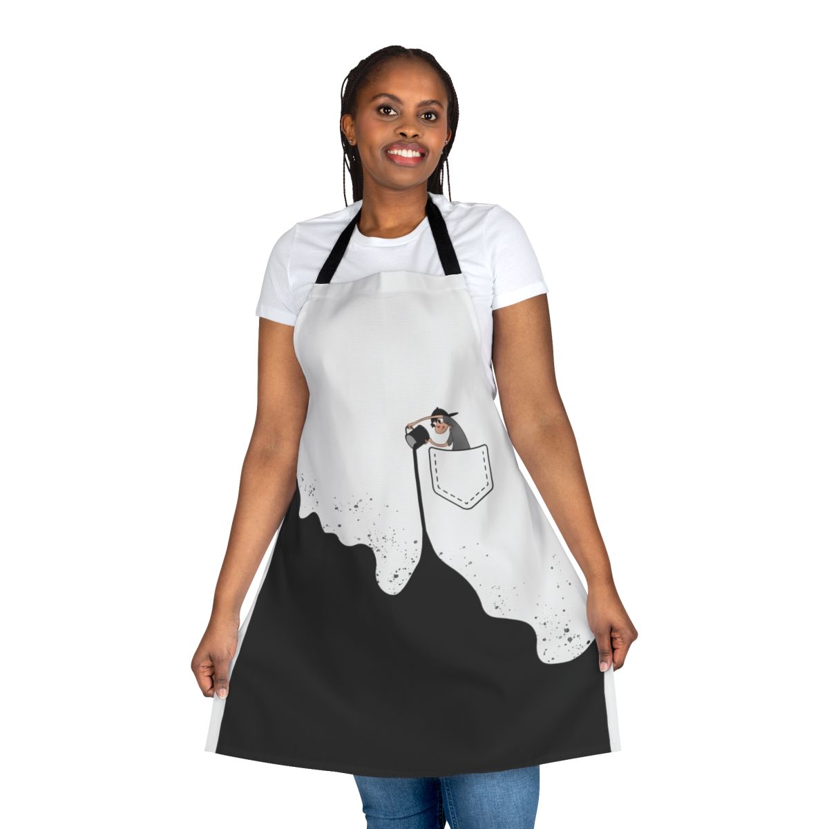 A cartoon character holding a black paint bucket, wearing a sea-themed apron