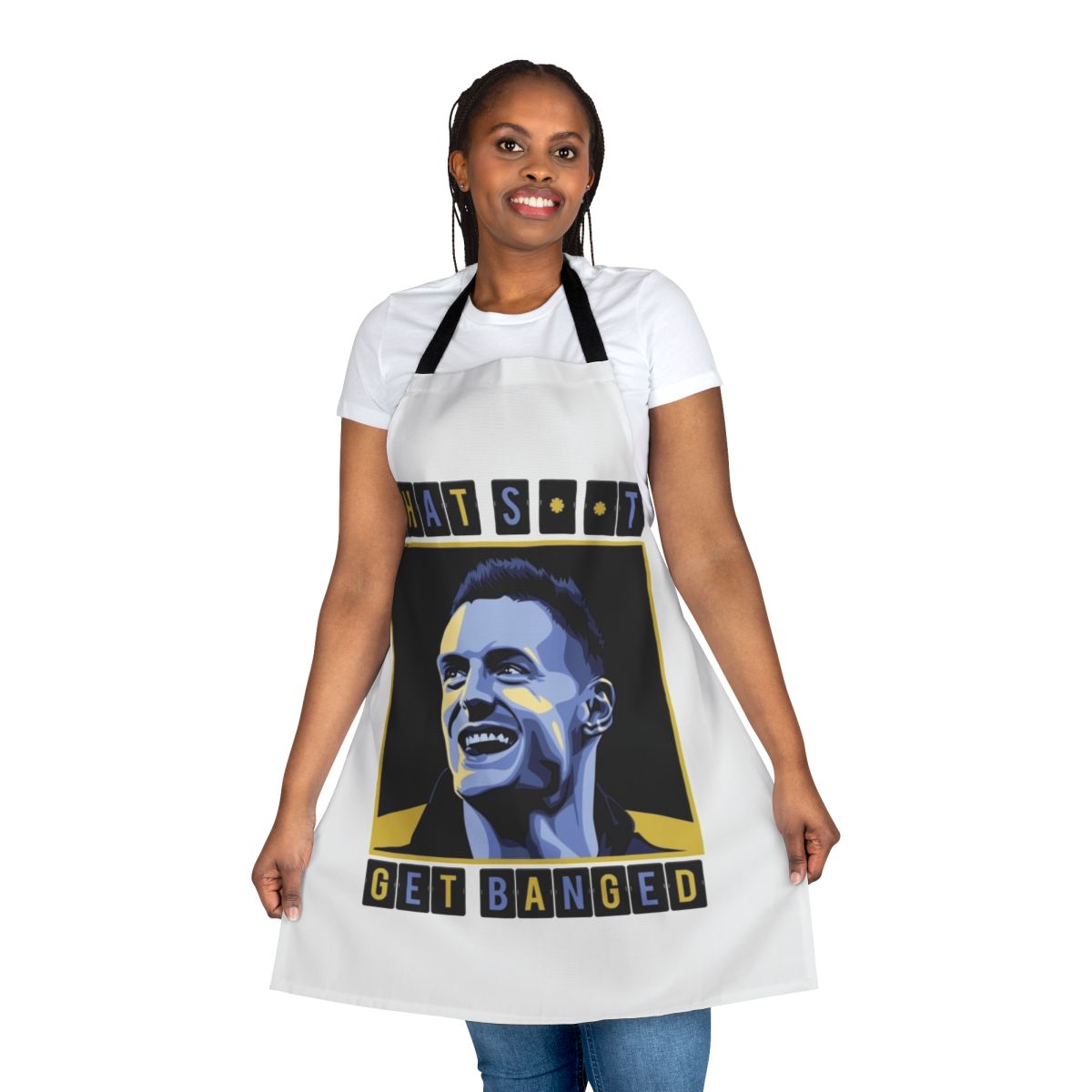 Humorous "Chat Shit Get Banged" apron design featuring Jamie Vardy and Leicester City FC imagery