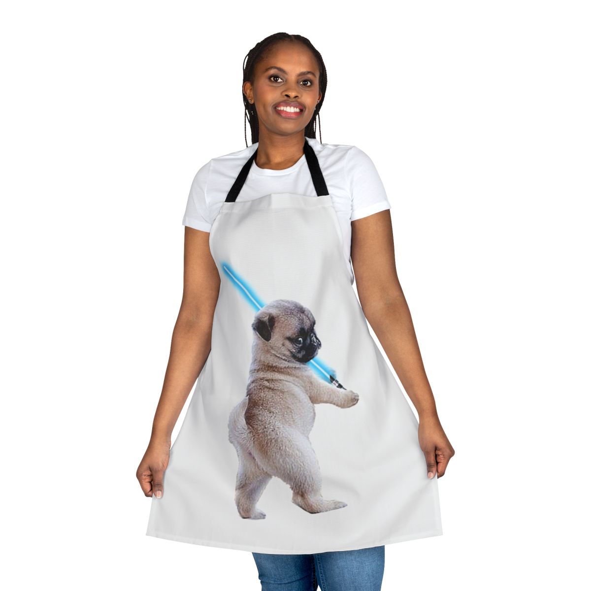 Pug dog wearing an apron with a lightsaber design