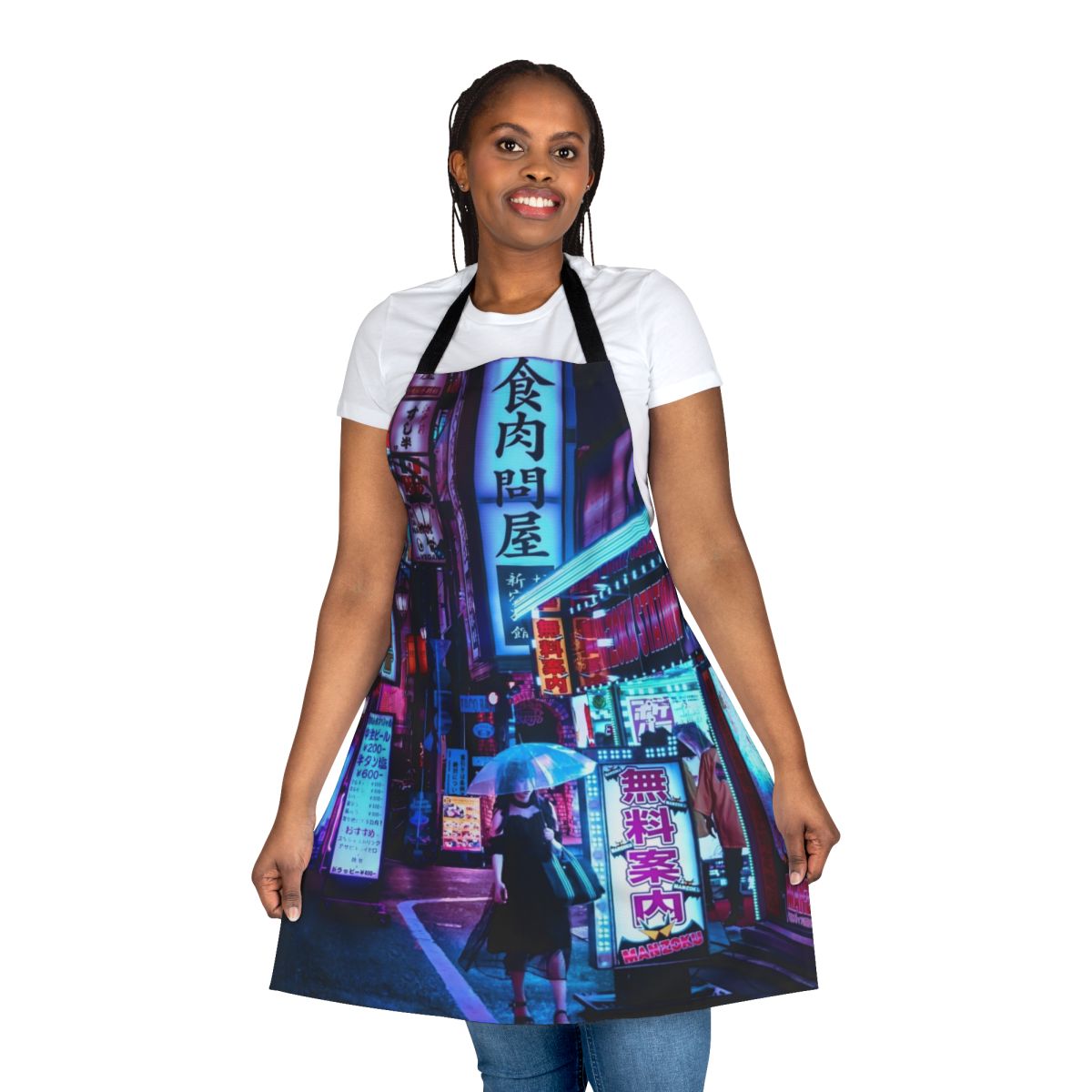 Futuristic Cyborg Queen Apron featuring a colorful sci-fi inspired design with neon lights, robots, and cyberpunk elements.