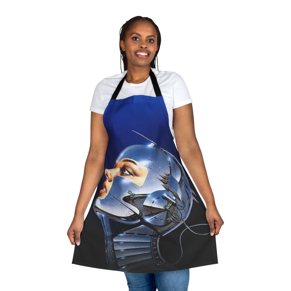 Futuristic metal music head apron featuring a robotic, sci-fi inspired design by renowned Japanese artist Hajime Sorayama