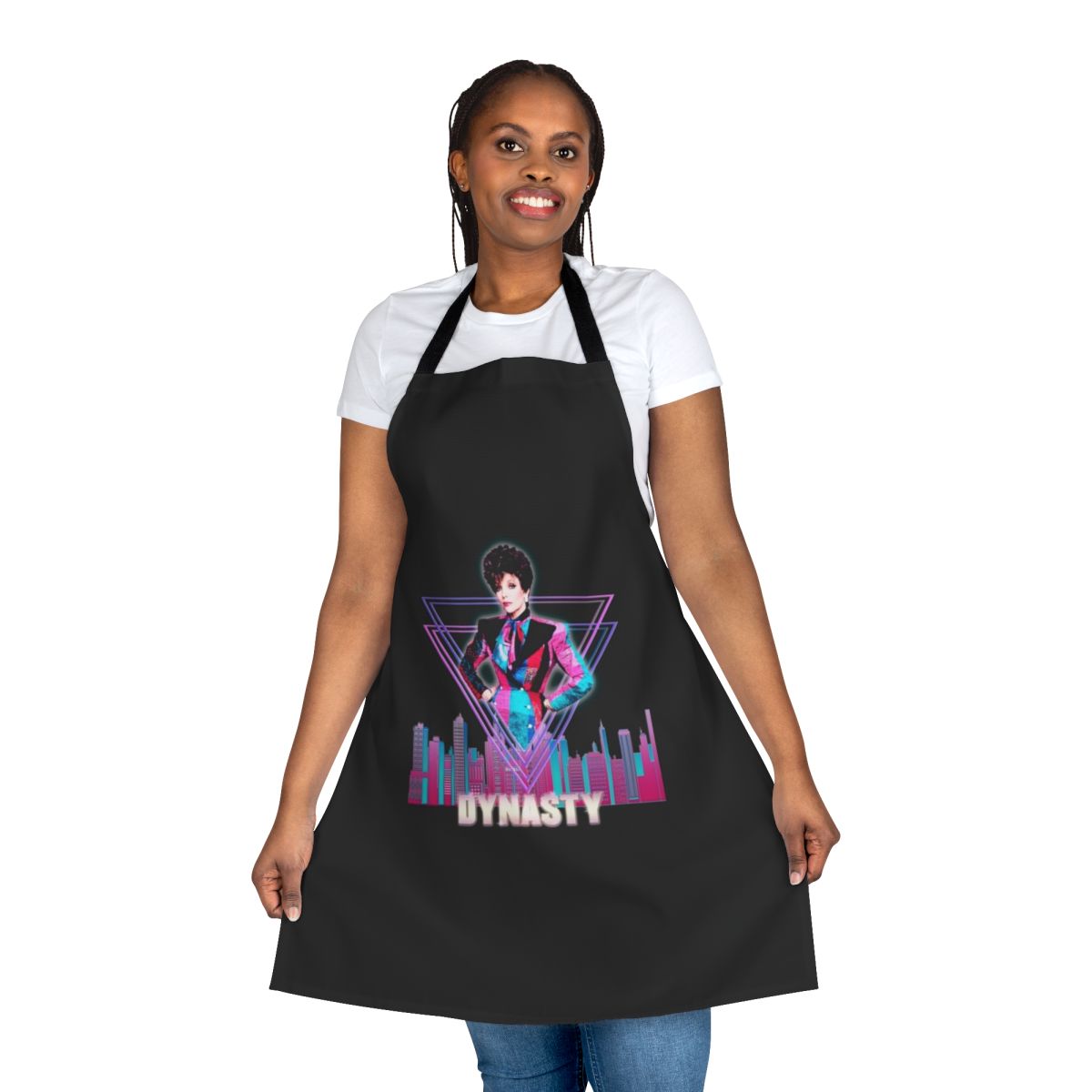 Geometric, abstract-patterned apron inspired by the iconic 80s TV series character Alexis Colby