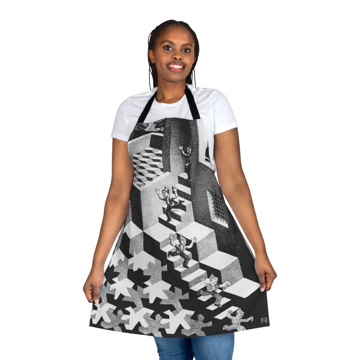 Artistic apron with a design inspired by the iconic surrealist artwork of M.C. Escher.