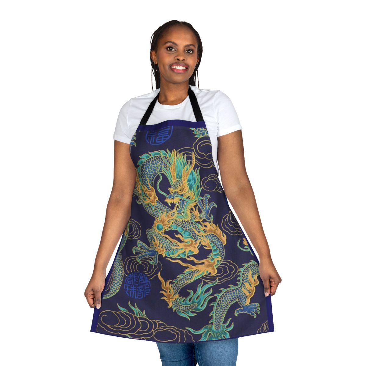 Vibrant gilded dragon design on a high-quality kitchen apron