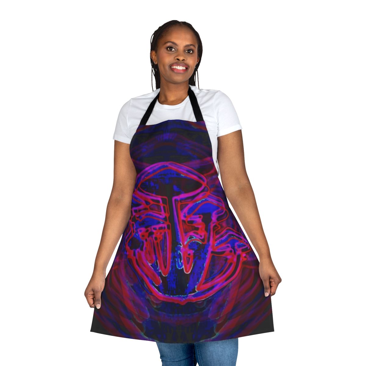 Neon mushroom-themed apron with glow-in-the-dark design, perfect for raves, parties, and festivals
