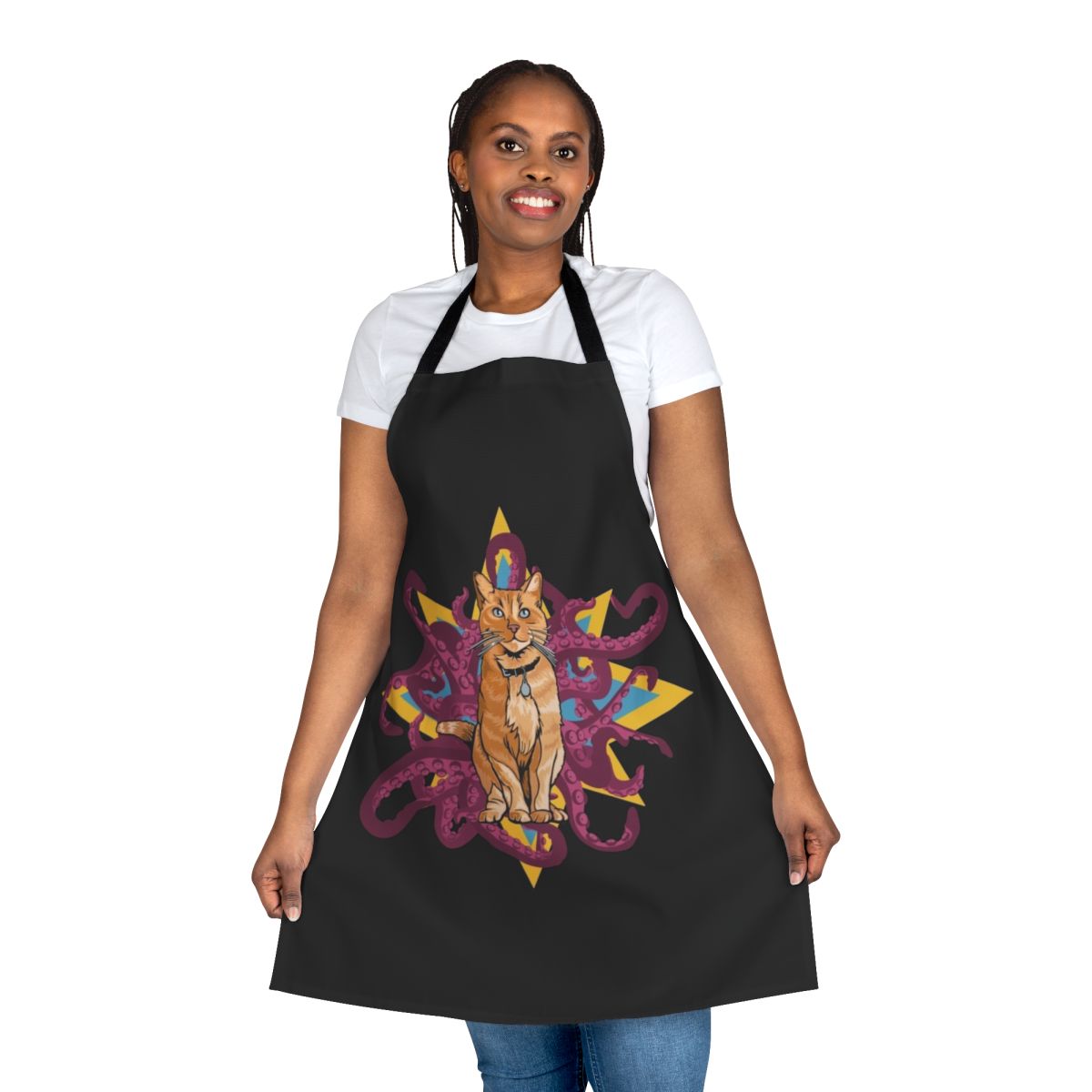 A black and white apron featuring the alien cat Goose from the Marvel Cinematic Universe movie Captain Marvel, with its signature tentacles emerging.