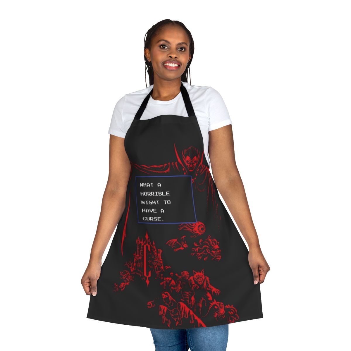 Spooky retro-style apron with Castlevania-inspired pixel art design