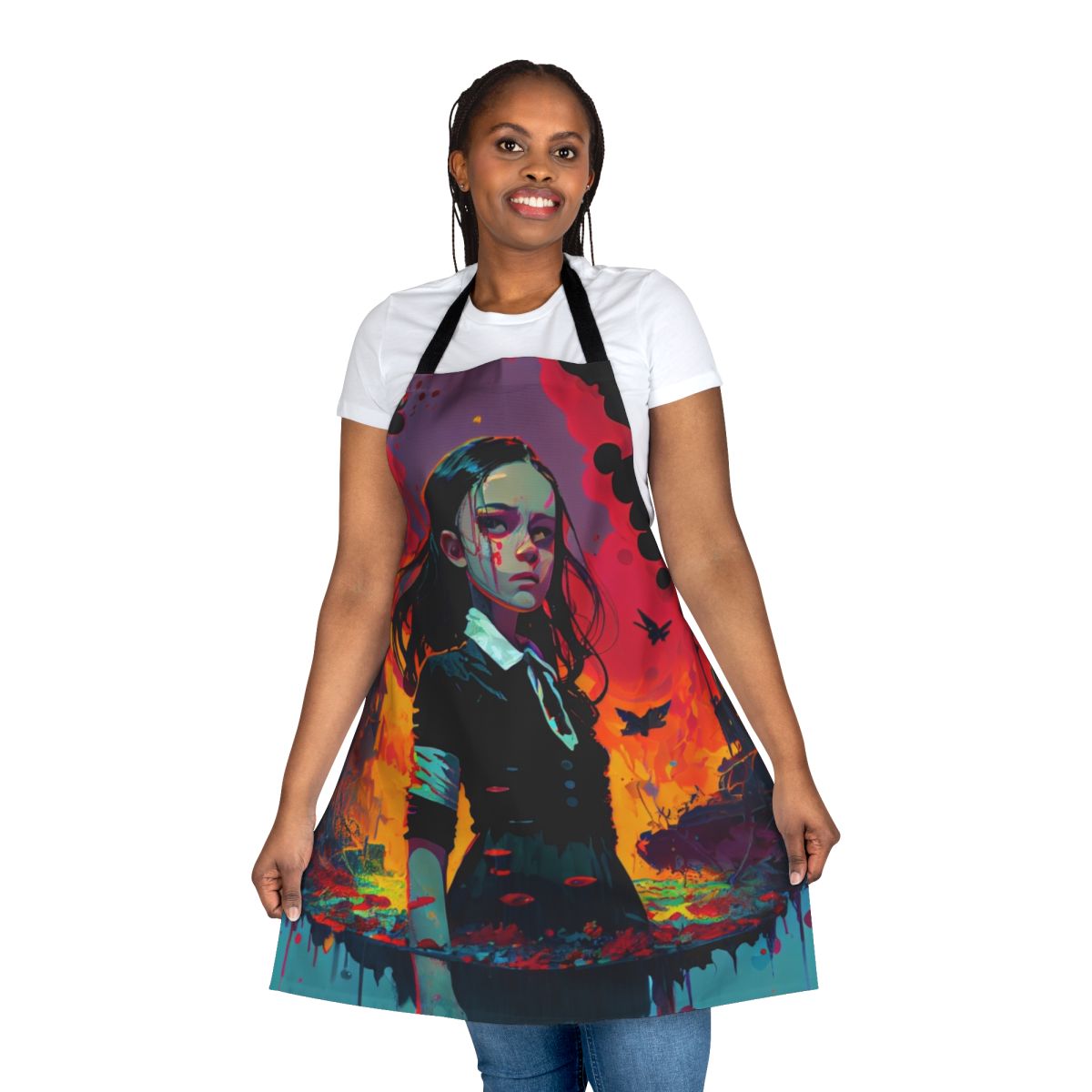 A dark, gothic-inspired kitchen apron featuring the iconic Wednesday Addams character