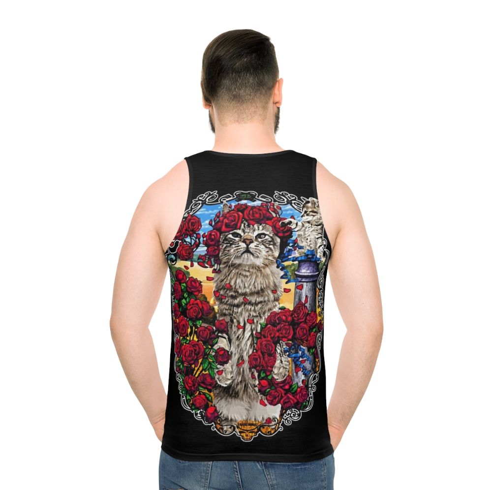 Grateful cats and roses graphic on a unisex tank top