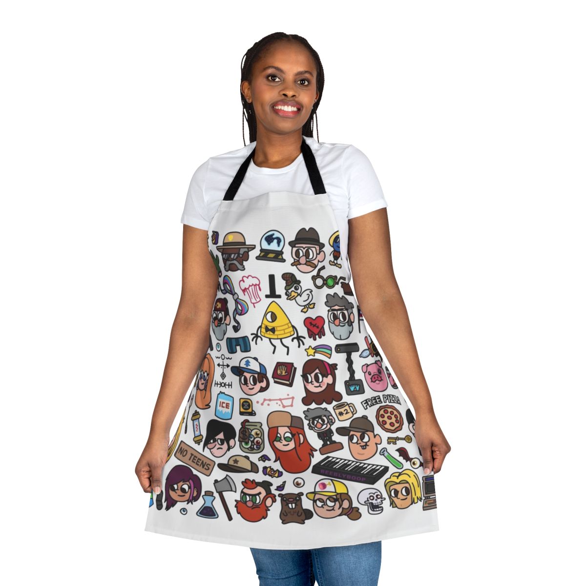 Gravity Falls themed doodle apron featuring characters Dipper, Mabel, Grunkle Stan, and Bill Cipher