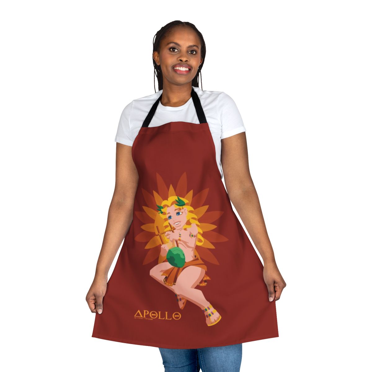 A cute apron featuring the Greek god Apollo and his lyre instrument.
