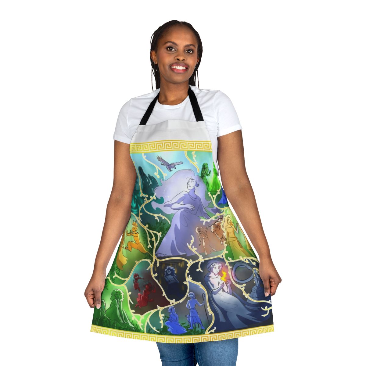 Arachne tapestry design apron featuring Greek goddess Athena