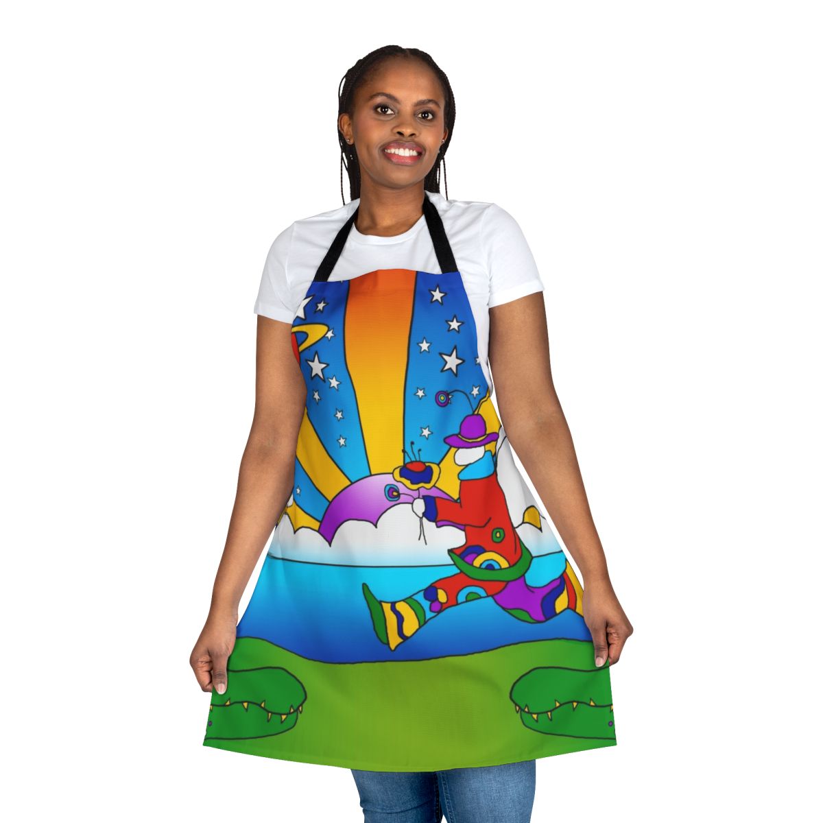 Colorful retro 1960s psychedelic apron with trippy, groovy, and hippie-inspired design
