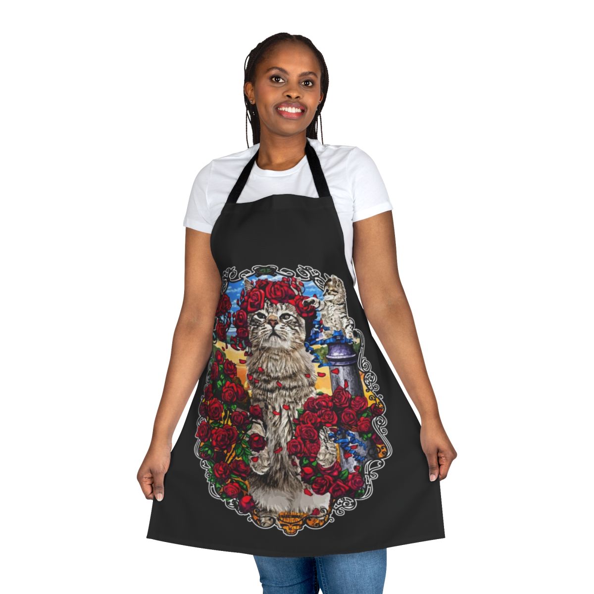 Vibrant apron featuring a design of grateful cats and roses