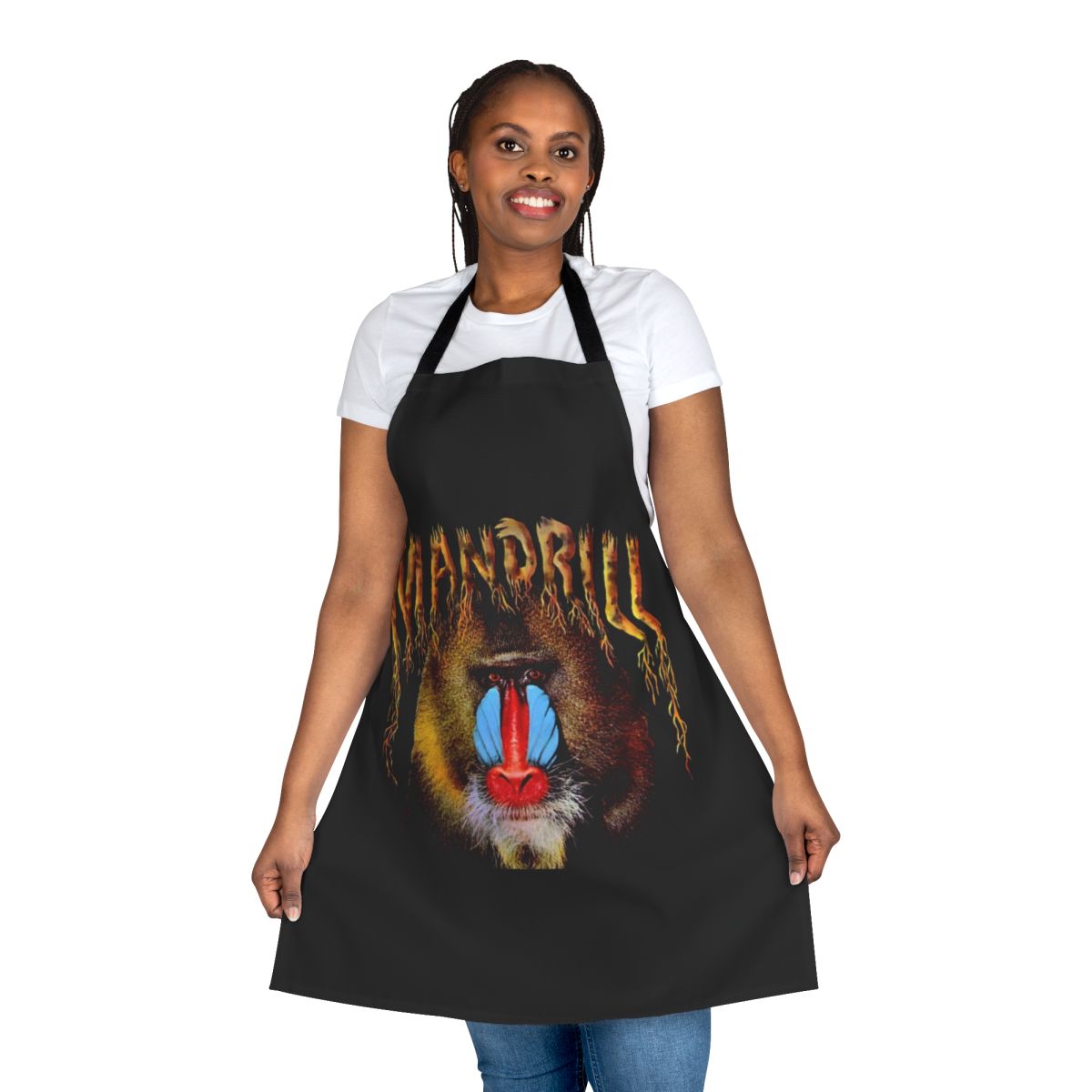 Funky monkey-themed apron with retro 70s music design