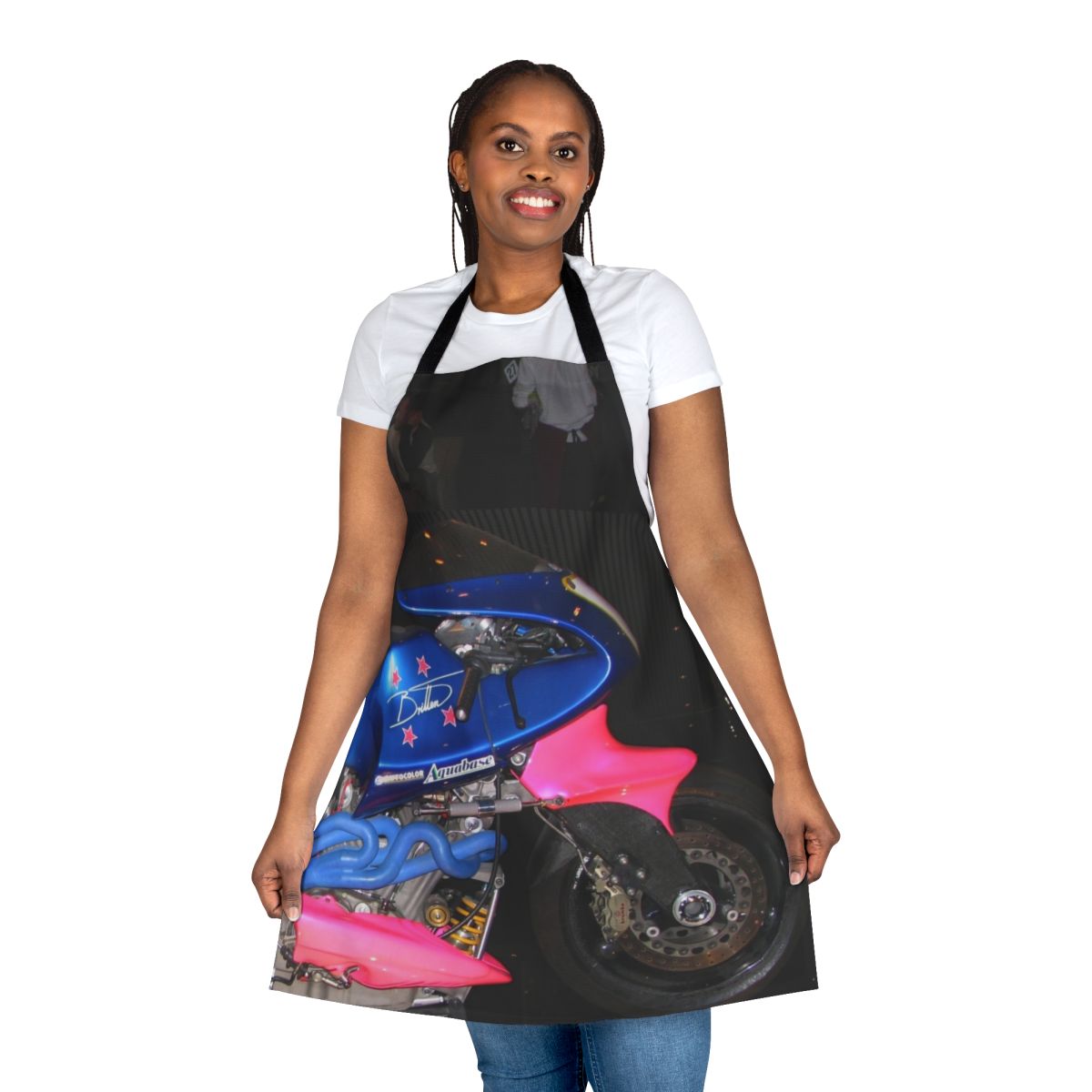 Apron featuring a handbuilt Britten race motorcycle from New Zealand