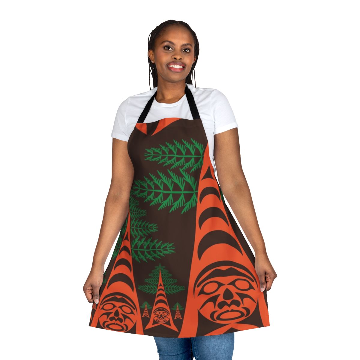 A beautifully crafted apron featuring a cedar forest motif in the style of Coast Salish and First Nations art.