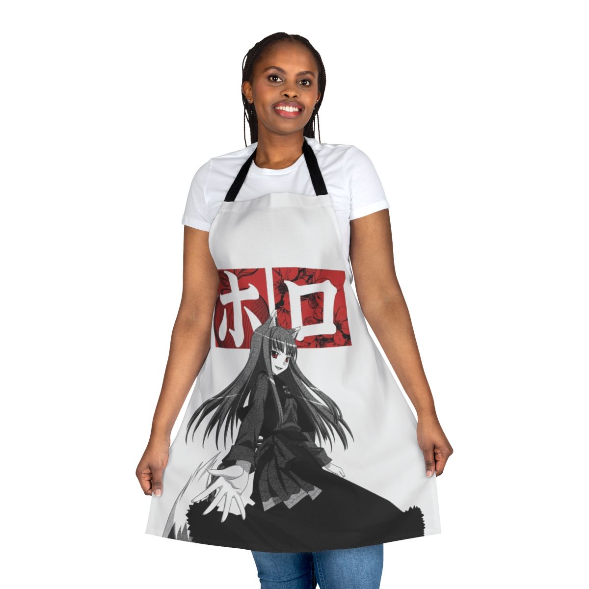 A stylish and functional apron featuring a wolf deity design, inspired by the anime and manga "Spice and Wolf".
