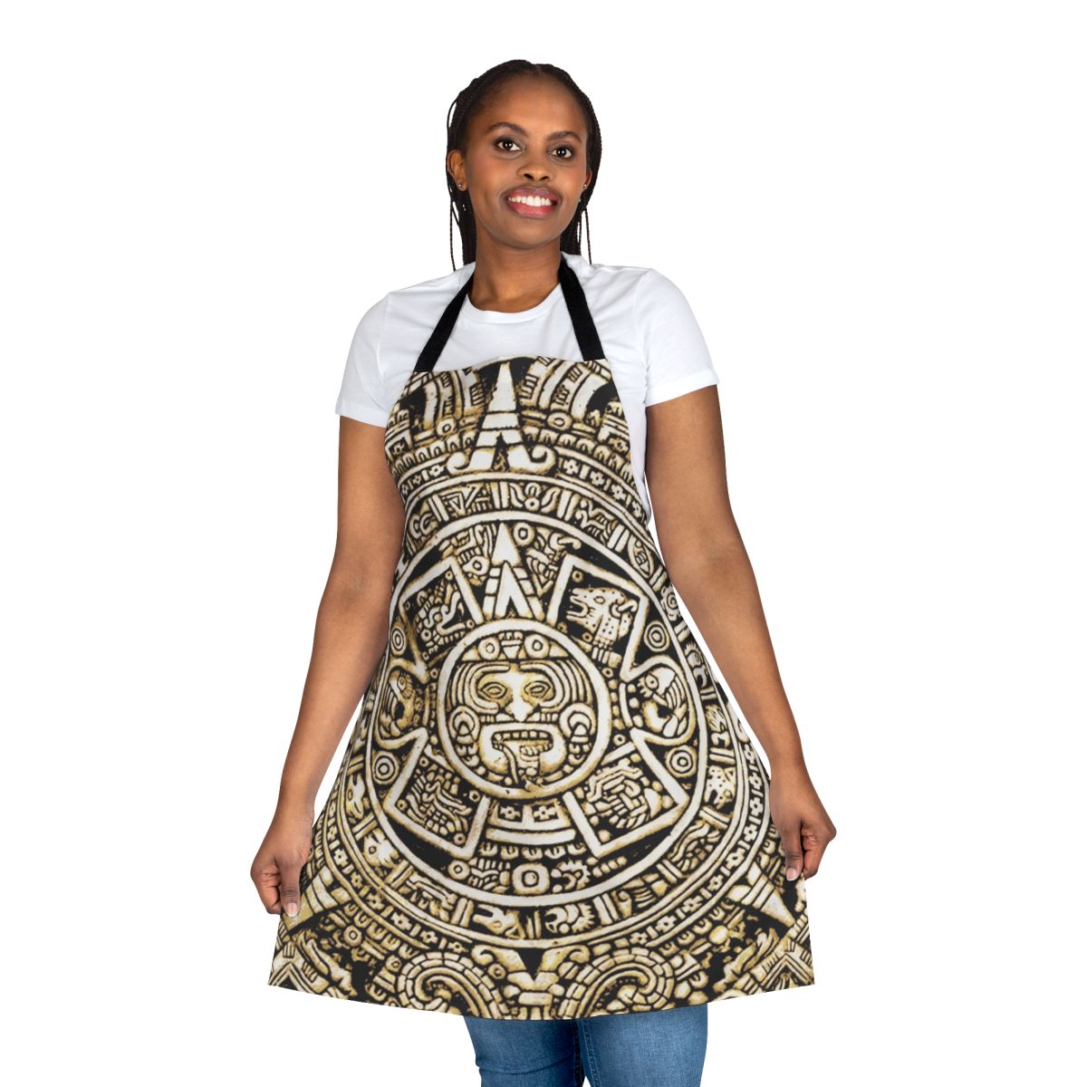 Handmade apron featuring an intricate Aztec calendar design