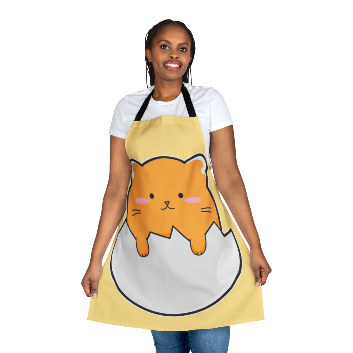 A vibrant yellow apron featuring a charming cat design, perfect for the kitchen.