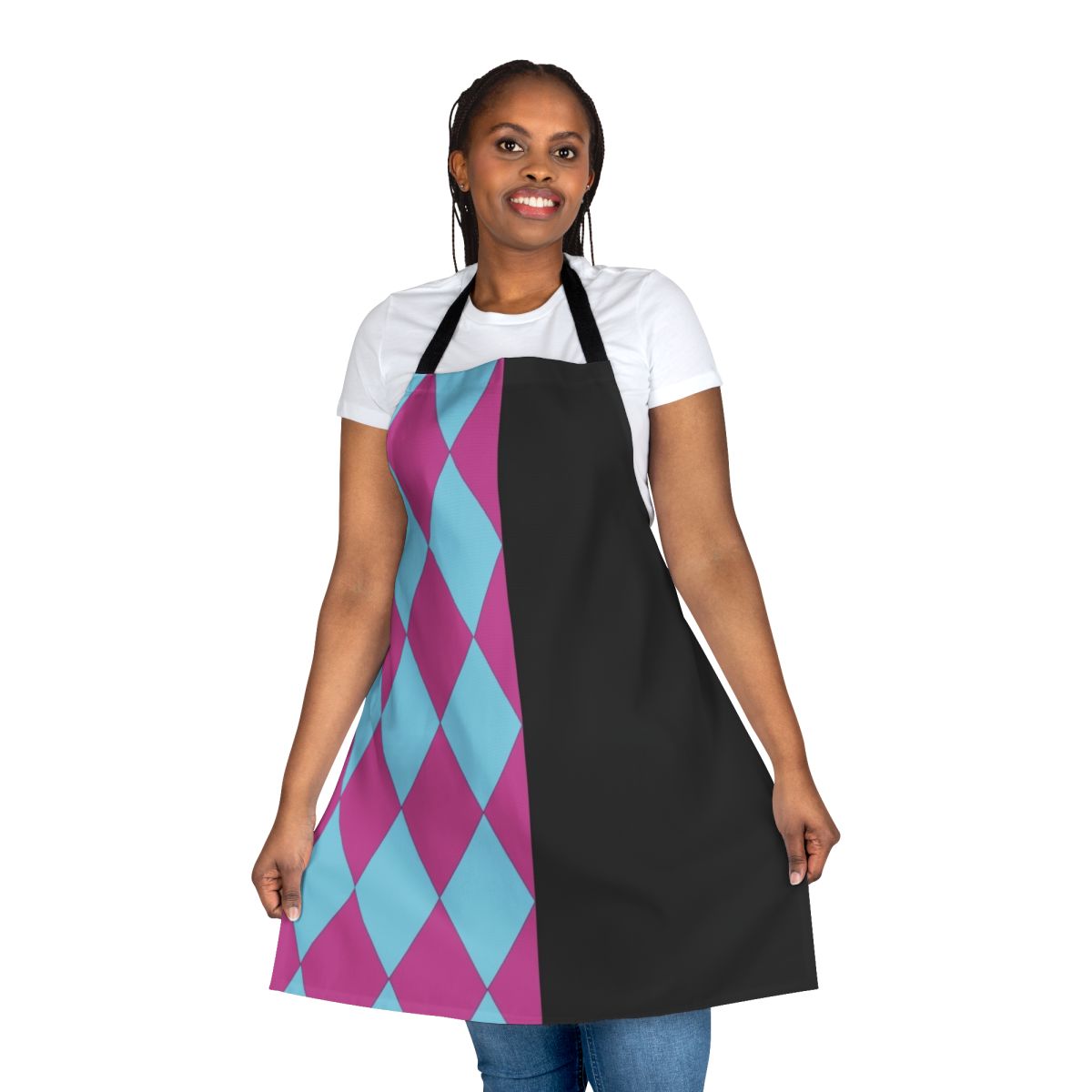 Harlequin-themed apron with Laughing God design