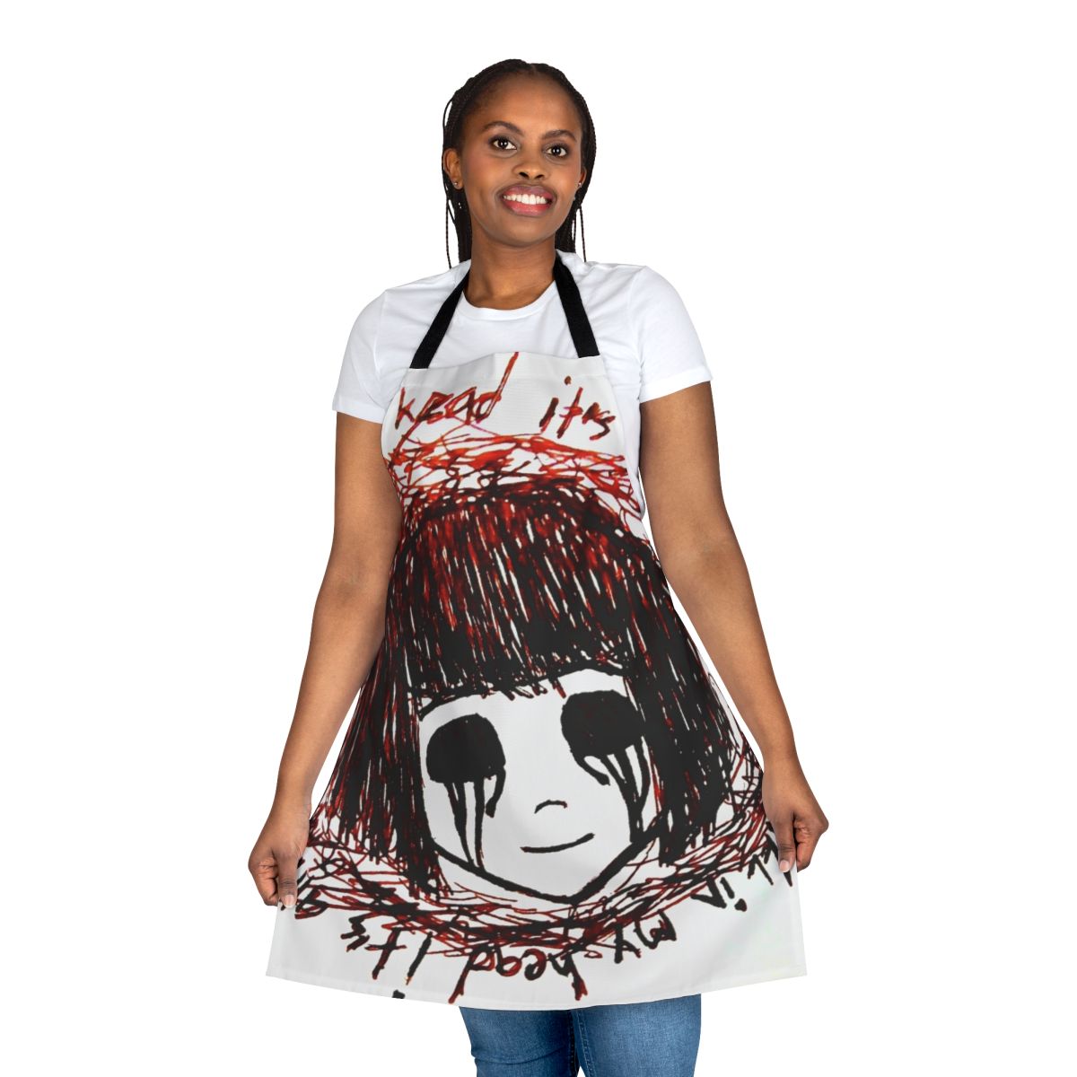 Fran Bow-inspired apron with creepy, gothic design featuring a crying girl, blood, and tears