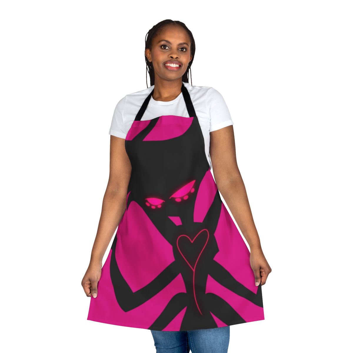 Hazbin Hotel Angel Dust Neon Apron with web and spiderweb graphics