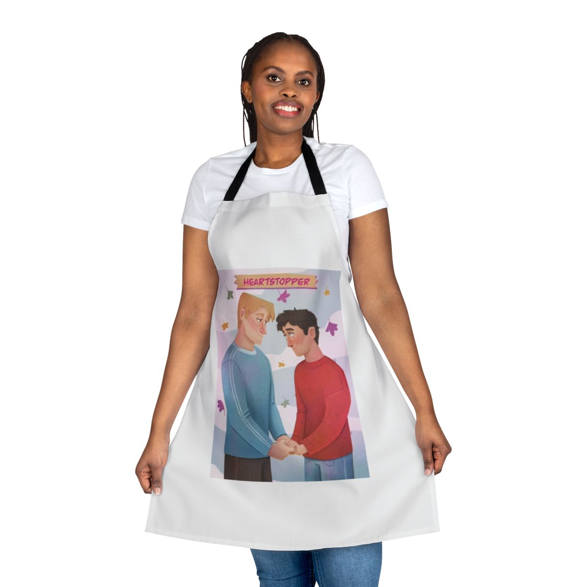Heartstopper inspired apron featuring the characters Charlie Spring and Nick Nelson