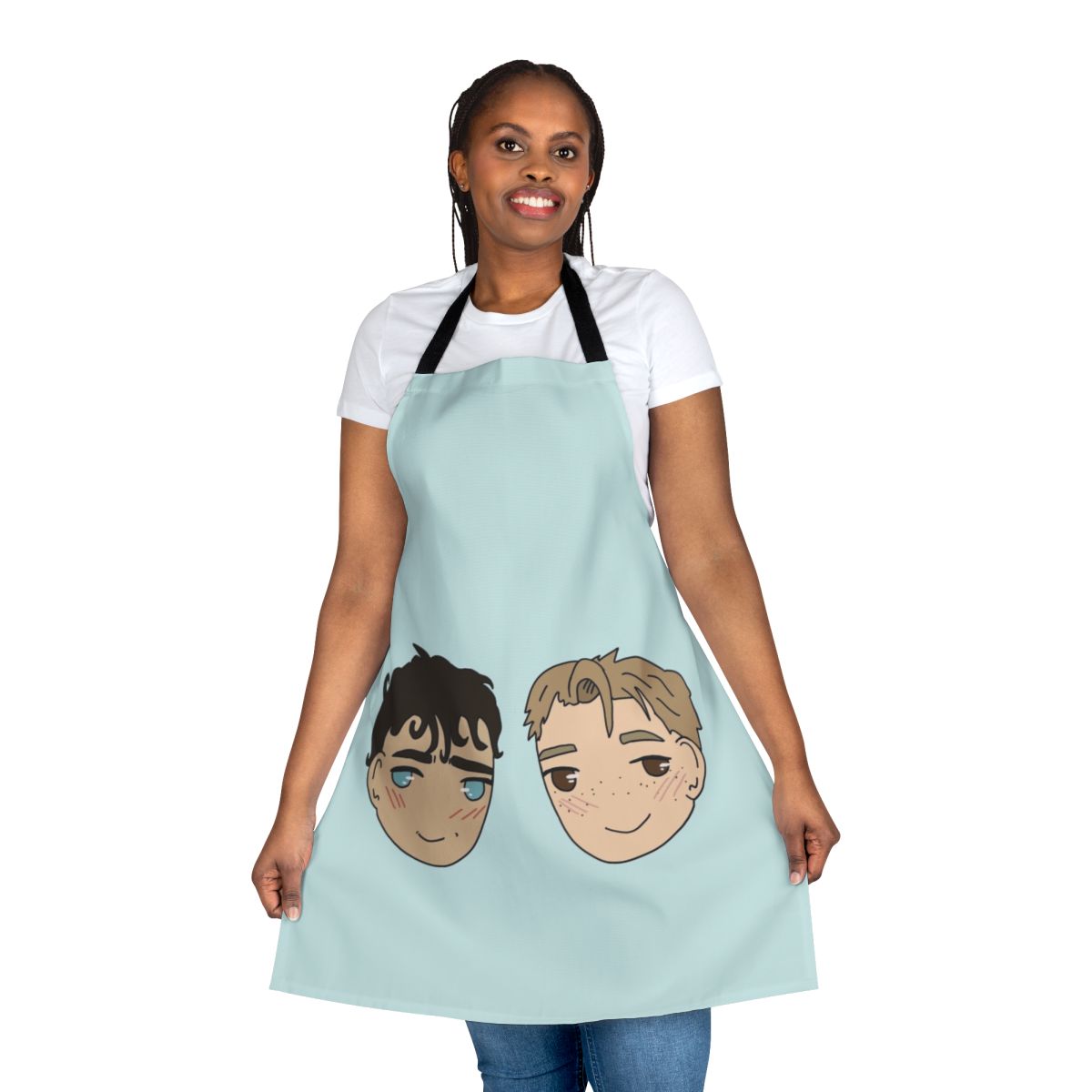 Heartstopper-inspired apron featuring the characters Nick Nelson and Charlie Spring