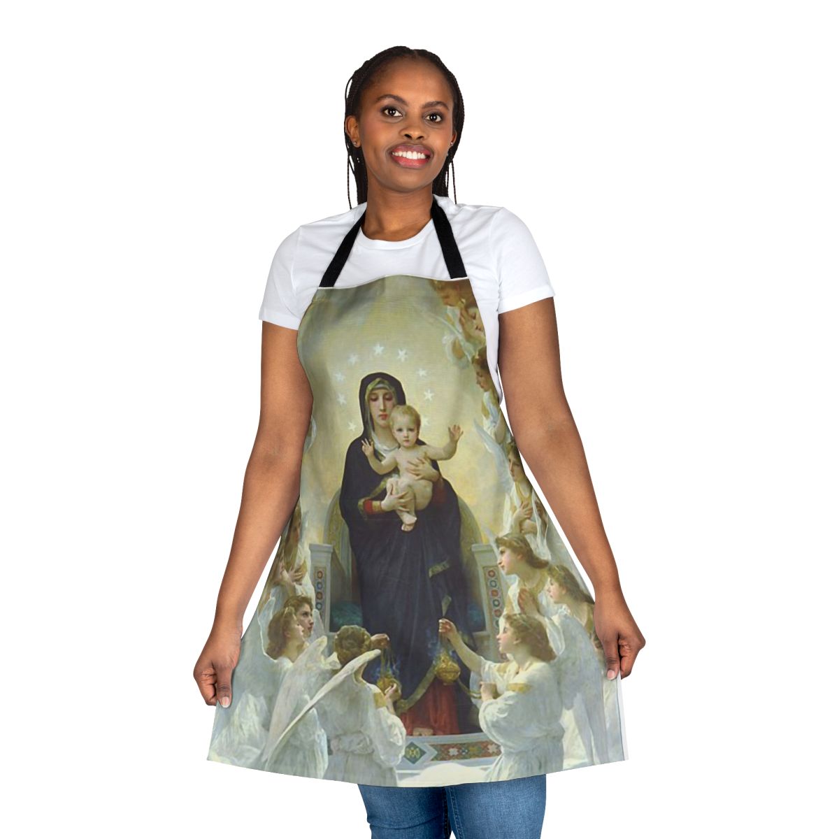 Apron featuring the Virgin Mary and angelic figures like archangels, cherubim, and seraphim