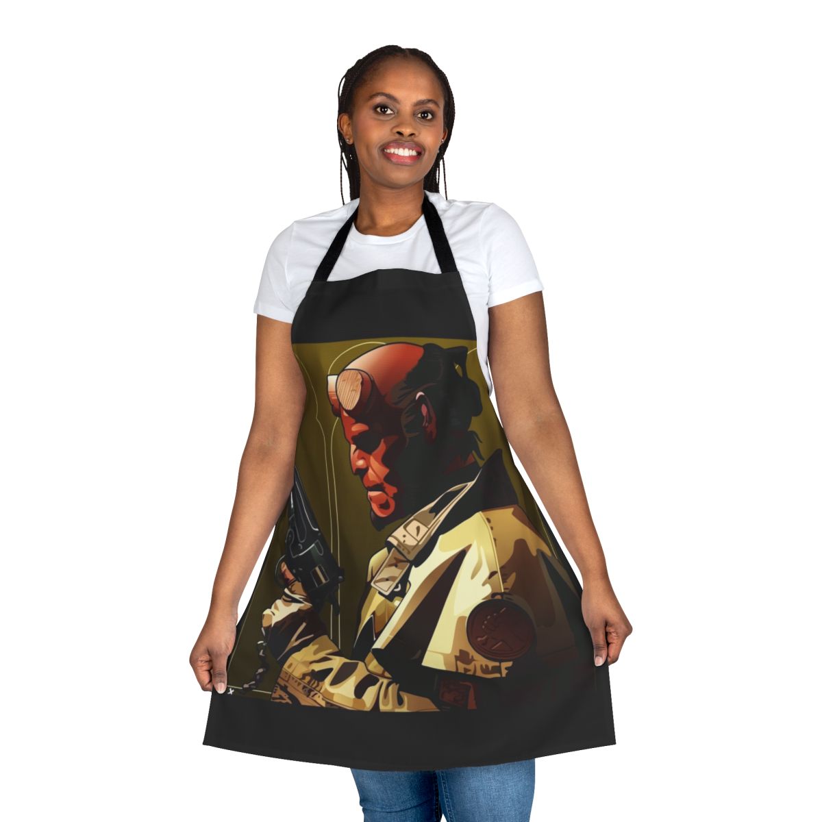 Hellboy-inspired apron with demonic imagery and comic book styling