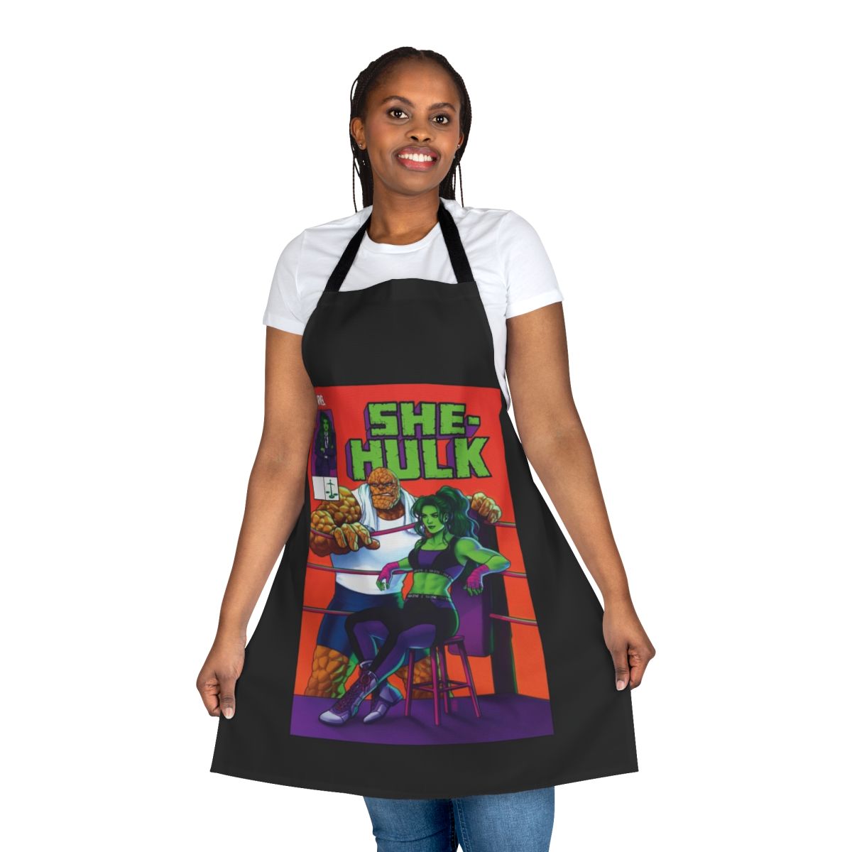 Heroic apron cover featuring a big green monster design