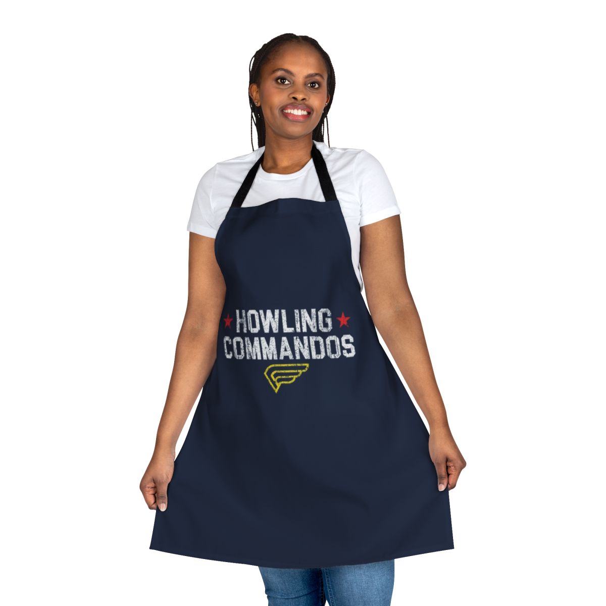 Stylish Howling Commandos-themed apron featuring Captain America, Bucky Barnes, and other iconic Marvel superheroes
