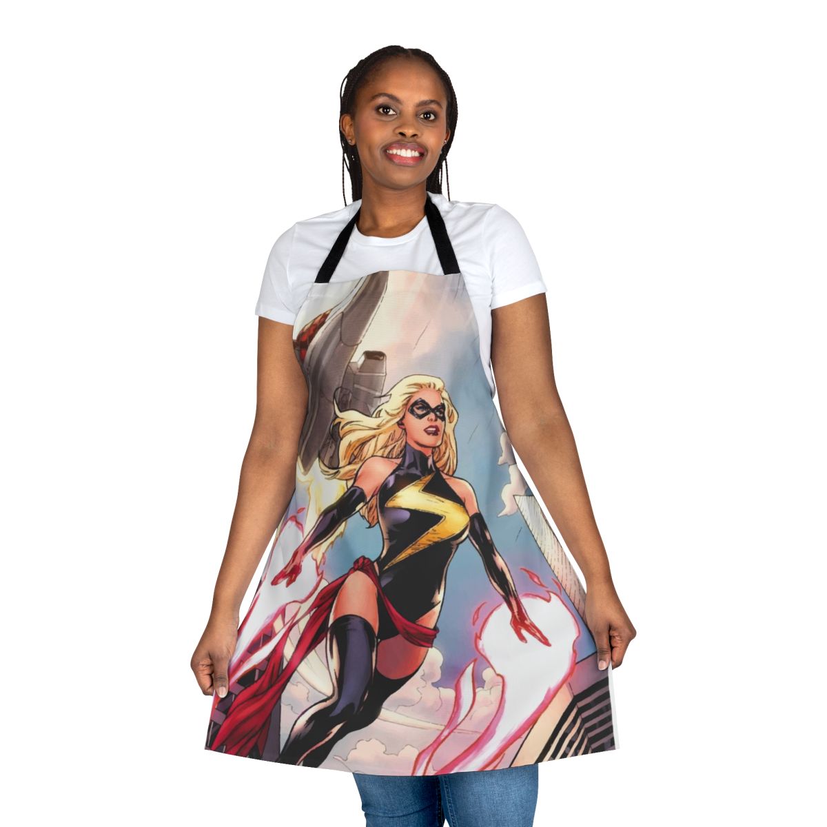 Stylish apron featuring the image of the powerful superhero Captain Marvel