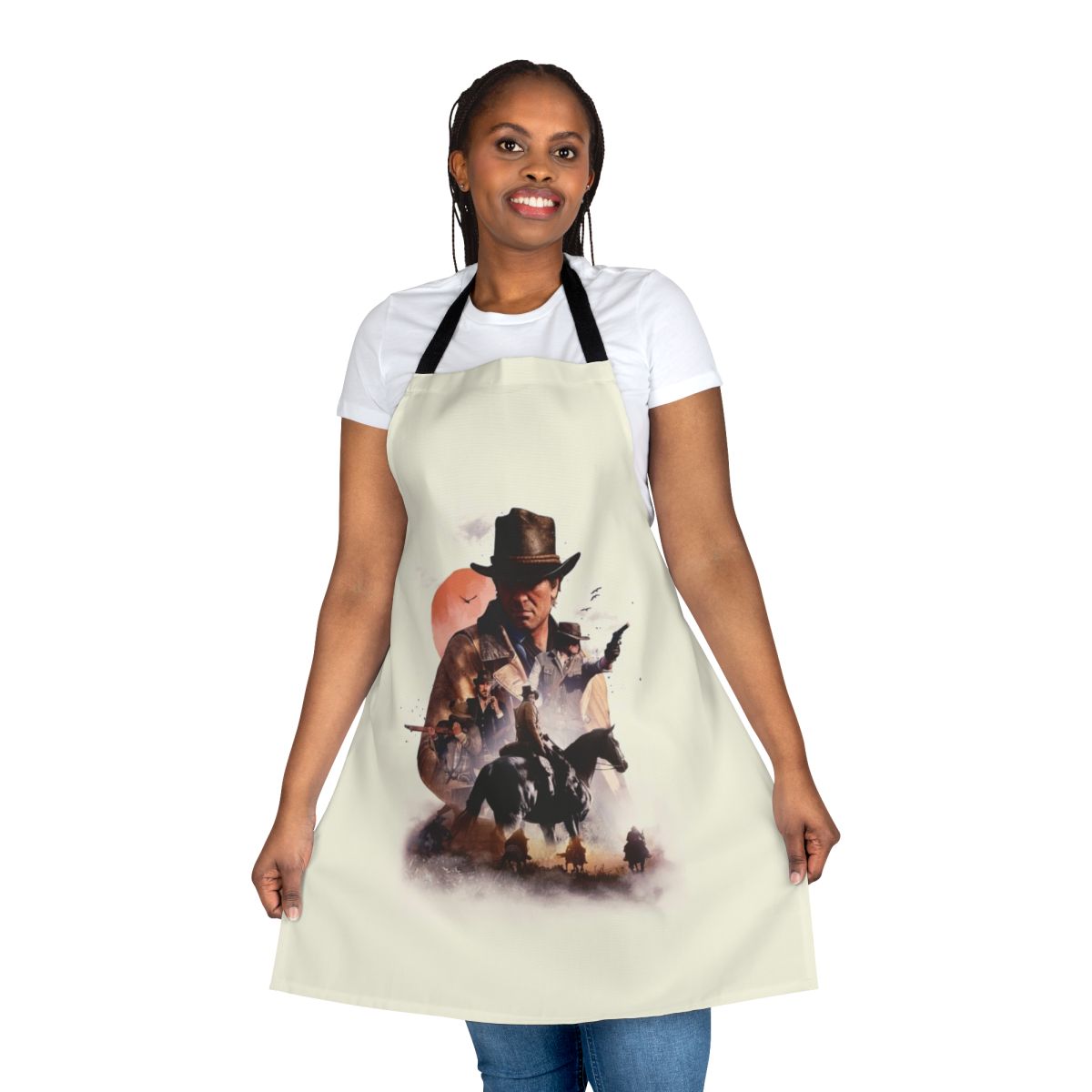 Person wearing a blue and white striped apron while cooking in the kitchen