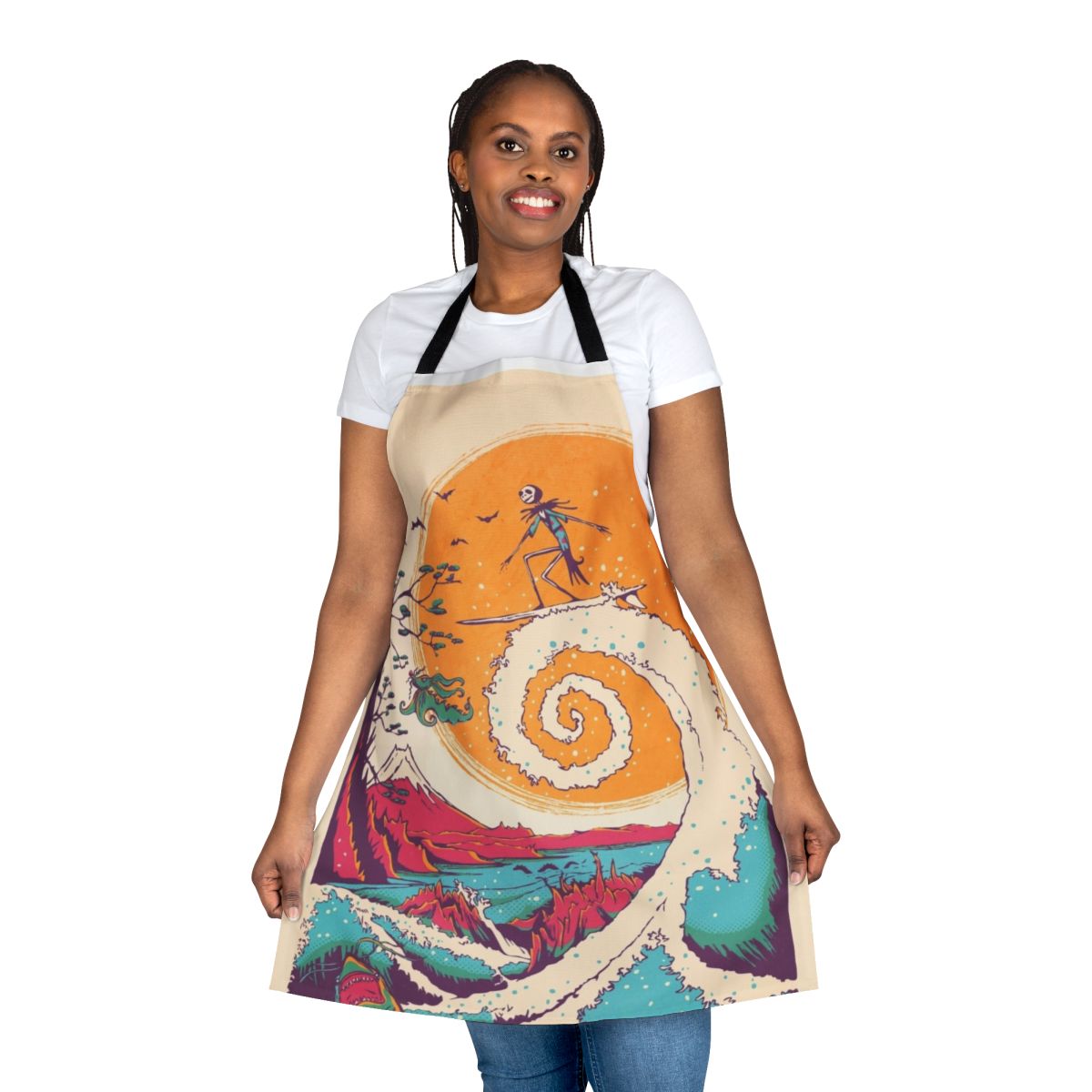 A whimsical apron featuring a surfer riding a wave against a sunset, inspired by the Nightmare Before Christmas.