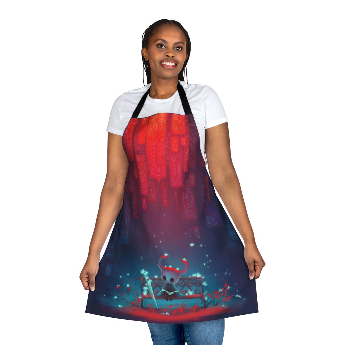 Hollow Knight themed apron with silhouetted knight against a dark background