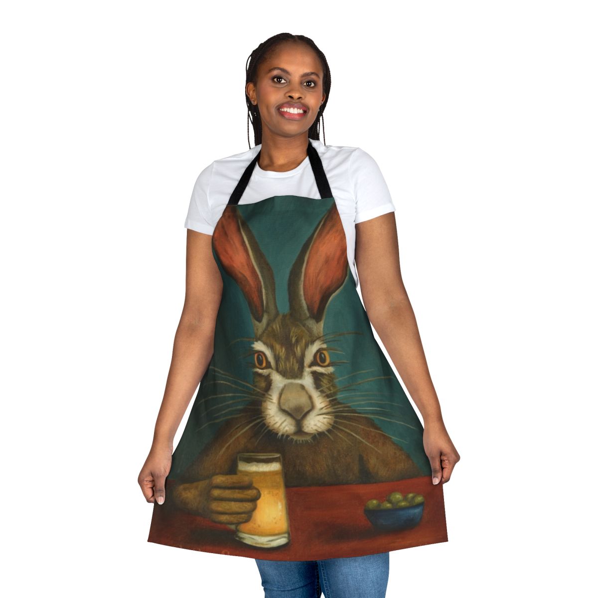 Stylish bunny-themed apron with hops and other playful designs