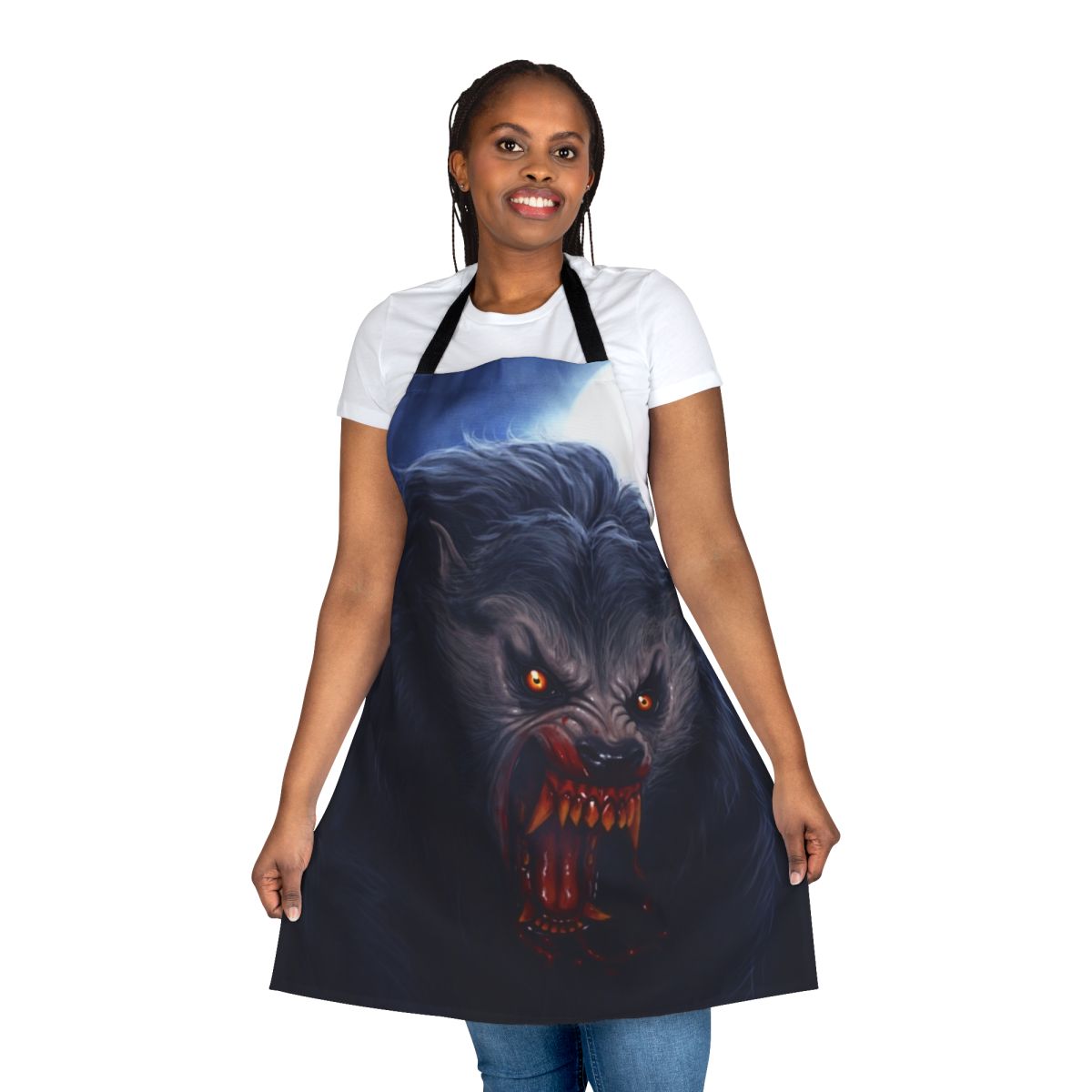 Howling horror werewolf creature on a black apron