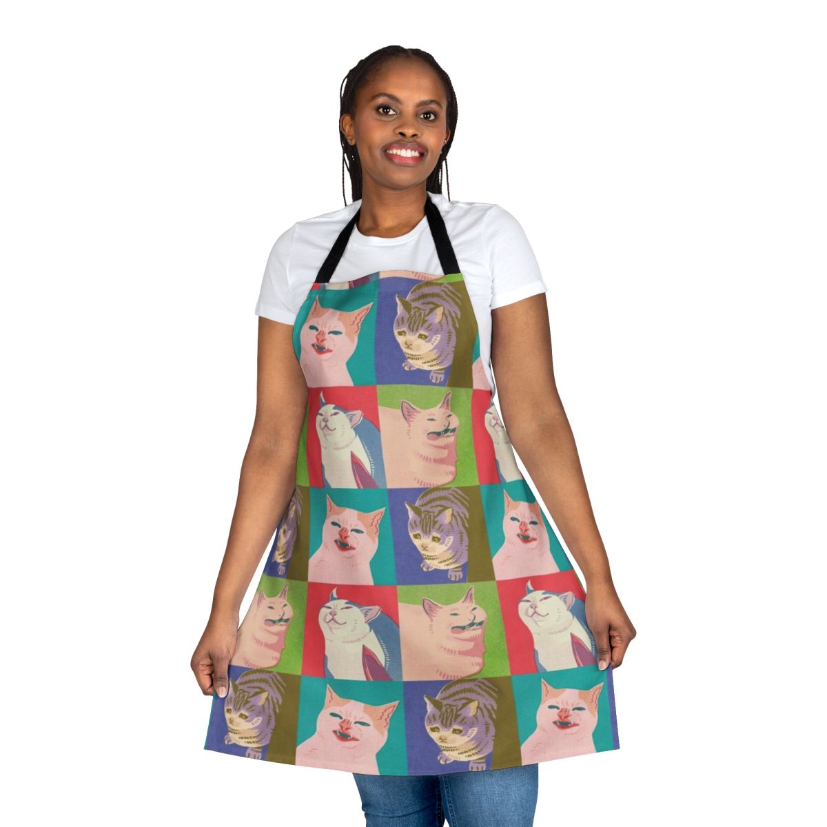 Colorful apron featuring four popular cat meme designs in a pop art style