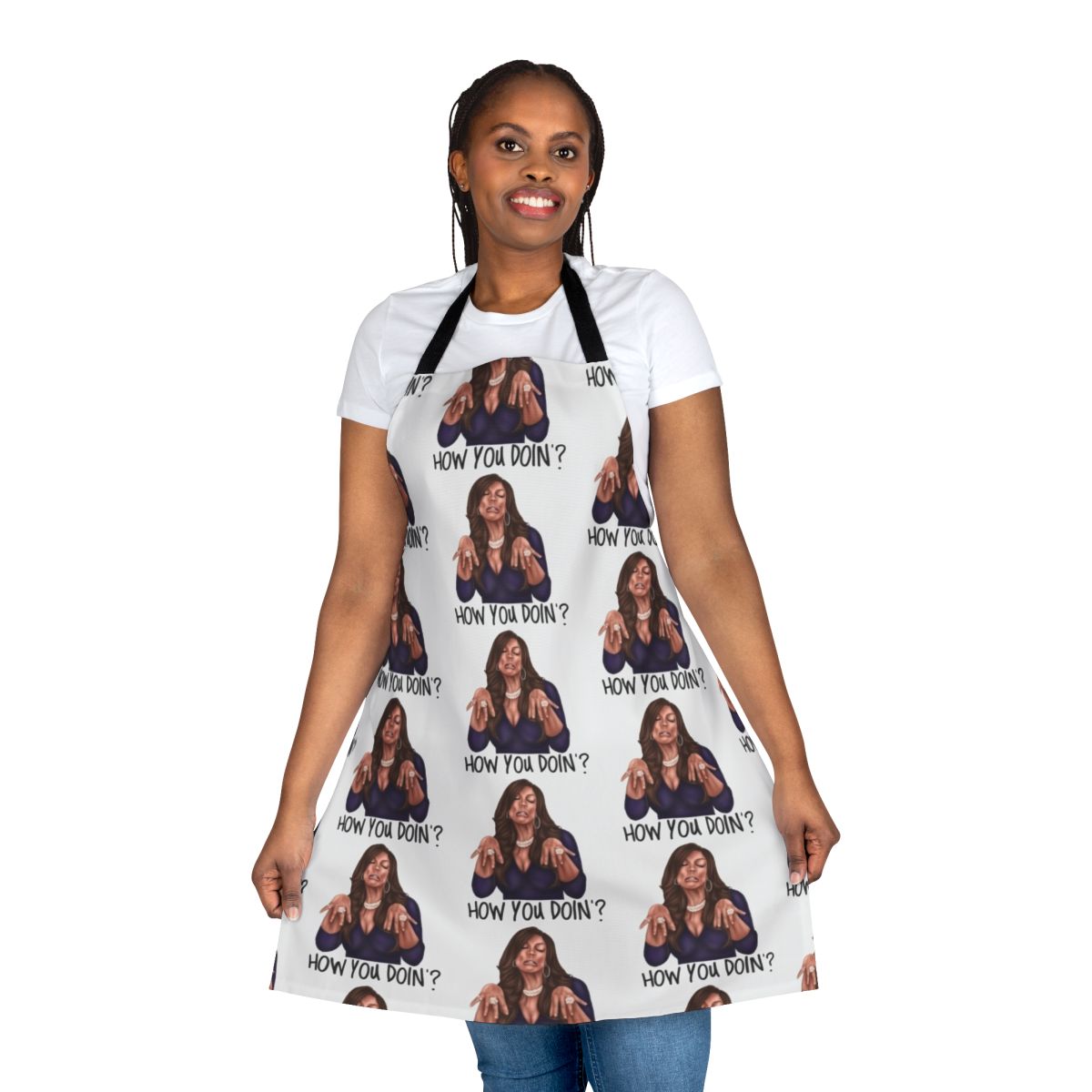 Apron with "How You Doin?" catchphrase design, a fun and quirky kitchen accessory