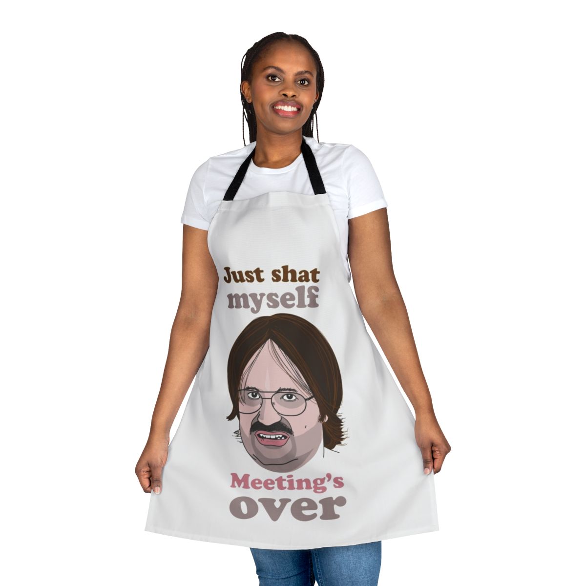 Funny meeting apron with text inspired by the comedy of Derek, Kev, and Ricky Gervais