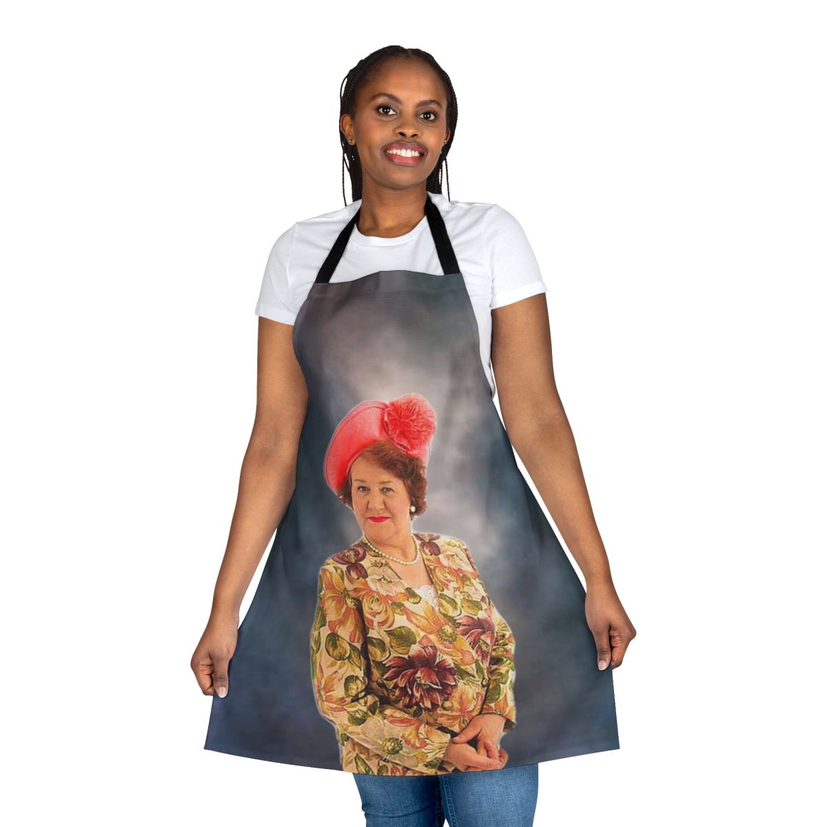 Hyacinth-inspired apron with "Shell Sing at You" design for Keeping Up Appearances fans