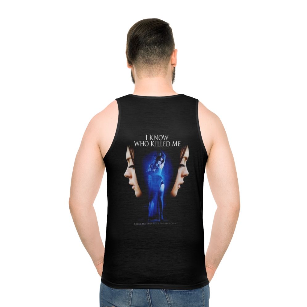 "I Know Who Killed Me" unisex tank top featuring a cult movie poster design