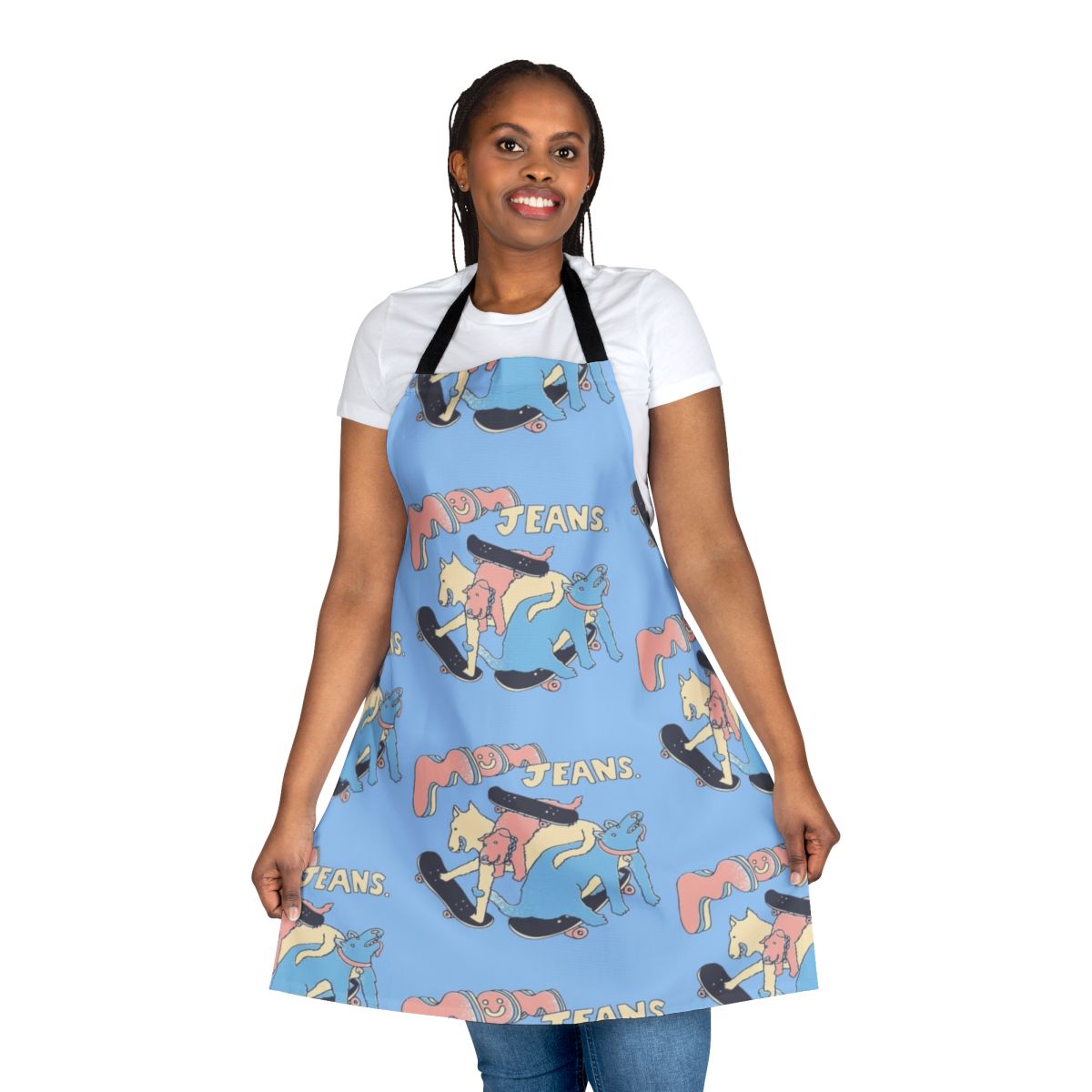 Colorful apron featuring a dog design, inspired by indie music bands like Mom Jeans.